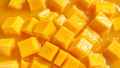 Juicy mango chunks with vibrant orange yellow pulp, tropical fruit dessert concept, fresh and sweet, close up, summer refreshment, healthy snack, natural texture