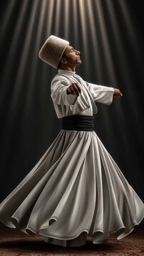 Sufi Whirling Dervish Dancer Slow Spin, Vertical Video Illustration Animation