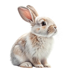 Obraz premium Cute baby rabbit with soft white and brown fur, sitting on a isolated background, ideal for kids’ art, nursery decor, or nature-inspired designs.