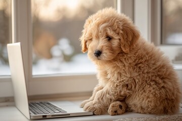 Puppy?? fearful gaze at laptop: heartwarming morning scene. High-speed network. Global connectivity transforms human interaction through transport and technology. Global travel speed.