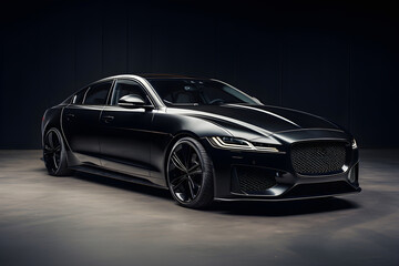 Fototapeta premium Sleek black luxury sport car parked in a dark studio. Modern vehicle for transportation. Automotive design concept for dealerships.