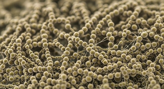 Microscopic view of fungal spores in a dense cluster.