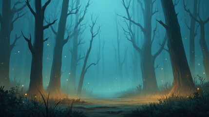 Obraz premium Enchanted Misty Forest Background with Glowing Lights and Ethereal Atmosphere for Fantasy Illustrations or Designs