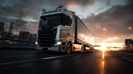 White semi-truck driving on modern highway close-up with detailed cabin and trailer, cinematic sunrise light, realistic transport and logistics concept.