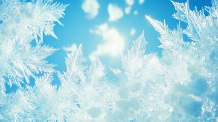 Magical Winter Window: Ice Crystals Against a Bright Blue Sky Revealing Frozen Beauty