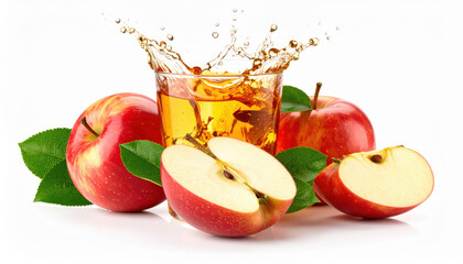 Apple juice splashes on bright red apples on white background.