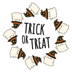 Cute Halloween wreath with ghosts in witch hats and hand lettering 