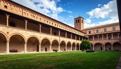 Fototapeta premium Serene courtyard of San Francesco church in Parma, Italy under a bright blue sky