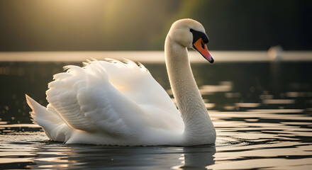 Fototapeta premium Elegant mute swan gracefully swimming on a tranquil lake during a serene sunset reflecting soft golden light providing a majestic and peaceful atmosphere showcasing nature's beauty