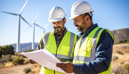 A team of engineers discussing on-site at a wind farm