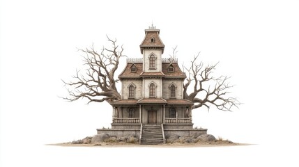 Obraz premium Spooky Mansion with Twisted Trees and Grungy Facade on Isolated Landscape