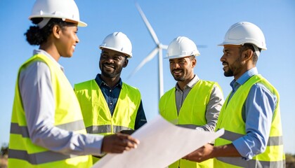 A team of engineers discussing on-site at a wind farm