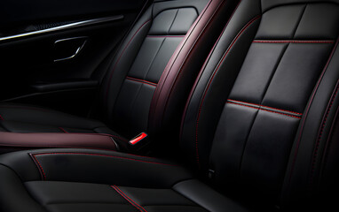 Obraz premium Interior of modern luxury sport car, featuring black leather seat with red stitching and seat belt. For car design.