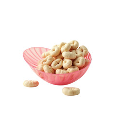 A collection of small, light-colored ring-shaped snacks, presented in a decorative, pink, shell-shaped bowl, against a plain black background.