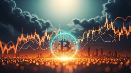 Bitcoin cryptocurrency symbol glowing brightly amidst a dramatic cityscape with financial charts and stormy clouds. - Powered by Adobe