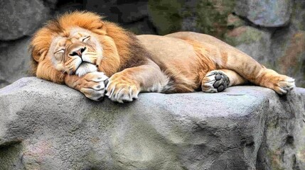 Obraz premium Majestic Lion Resting Peacefully on Rocky Surface in Natural Habitat