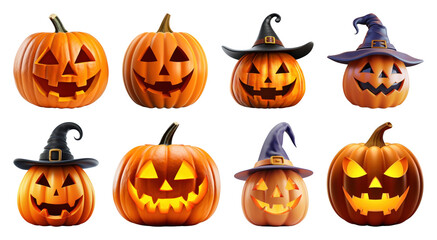 PNG Smiling jack-o'-lanterns with hats, element set on transparent background