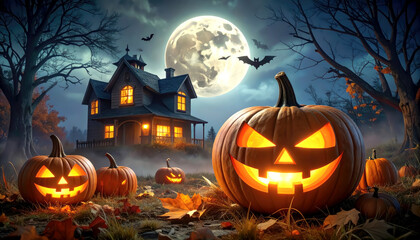 halloween jack o lantern pumpkin scary scene design celebration invitation banner