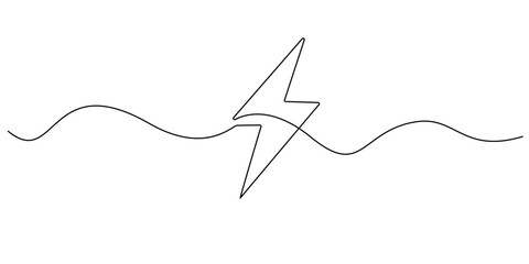 Obraz premium Continuous line drawing of a lightning bolt, symbolizing energy, electricity, or power. Minimalist style perfect for technology, renewable energy, speed, or electrical safety concepts.