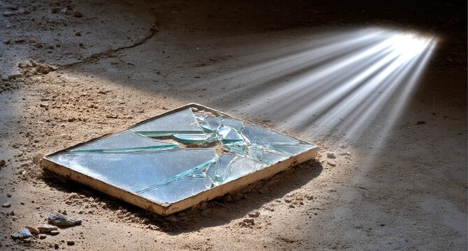 Shattered mirror on dusty floor, sunbeams - Powered by Adobe