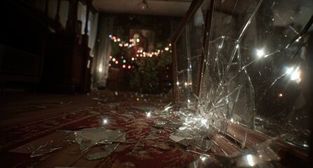 Obraz premium Broken glass, dark interior, holiday lights