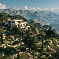 Obraz premium Aerial view of a white villa-style building nestled on a green hillside, surrounded by trees and terraced slopes, clear sky, sunny weather, natural lighting, ultra-realistic photo