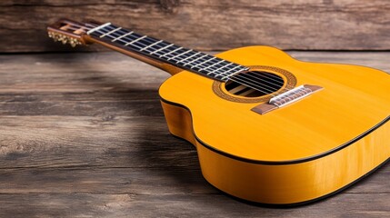 Acoustic guitar on wooden table with rustic background