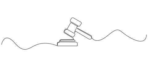 Obraz premium Continuous line drawing of a judge’s gavel, symbolizing law, justice, or legal decisions. Minimalist design suitable for court, legal services, auction, or authority-related concepts.
