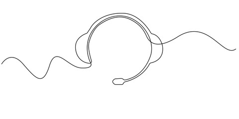 Continuous line drawing of a headset with microphone. A simple and modern illustration symbolizing communication, customer service, call center, podcasting, or online meetings.