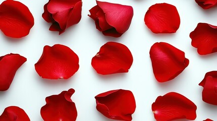 Fototapeta premium Vibrant Red Rose Petals Scattered on a White Background