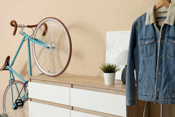 Interior of hallway with bicycle, commode and clothes rack