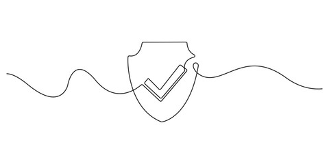 Continuous line drawing of a shield with a checkmark, symbolizing security, protection, or verified safety. Minimalist design ideal for cybersecurity, antivirus, or quality assurance themes.