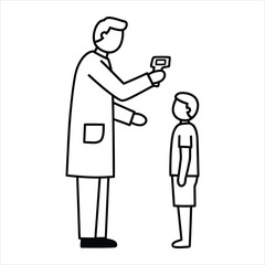 A medical professional in a lab coat carefully performing a routine temperature check on a young child using a digital thermometer, ensuring health and safety in a healthcare setting