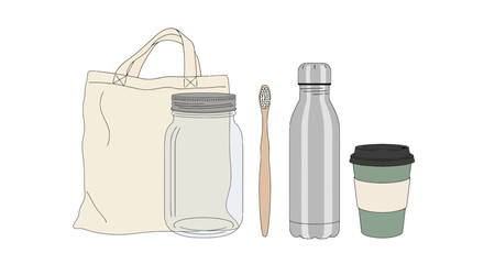 Eco-Friendly Essentials for Sustainable Living Illustrating Zero Waste Lifestyle and Promoting Reusable Products for Environmental Awareness and Conservation