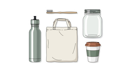 Eco-Friendly Essentials Promoting Sustainable Living and Zero Waste Practices, Perfect for Illustrating Environmental Awareness and Conscious Consumerism
