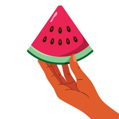 A human hand with brown skin tone holding a watermelon slice on white background, flat vector illustration perfect for tropical fruit themes and healthy food graphics
