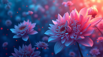 Blooming Pink Flower with Dreamy Blue and Orange Glow