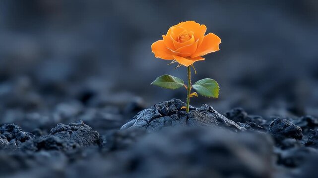 Orange rose blooms from charred ground