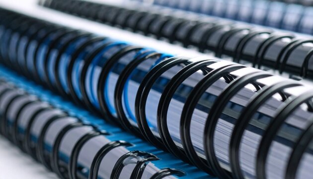 A close-up, selective focus shot of multiple documents in a row, secured with black plastic comb binding.