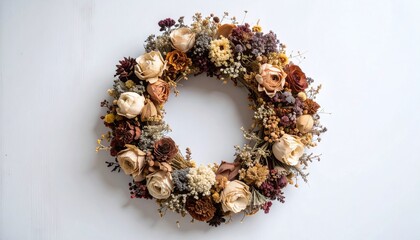 Dried Flower Wreath with Roses and Lavender on White Background.