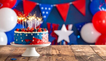 Patriotic Birthday Cake with Sparklers and Balloons.