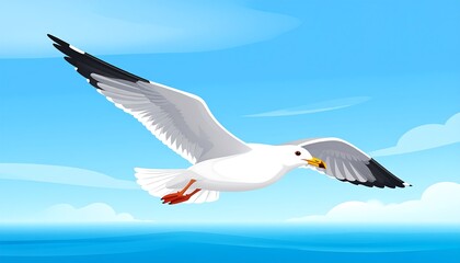 A seagull soaring in a vibrant blue sky