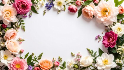 Colorful floral arrangement with various flowers on white background.