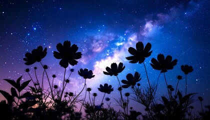 Silhouette Cosmos Flowers Under a Starry Night Sky.