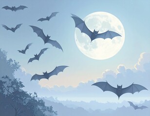 A flock of bats flying in front of a full moon over a misty landscape.