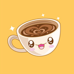 Hand drawn cute kawaii coffee cup cartoon character illustration