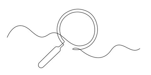 Continuous line drawing of a magnifying glass,representing search,research,exploration,and investigation.Minimalist design ideal for business concepts,education,detective themes,and modern technology 