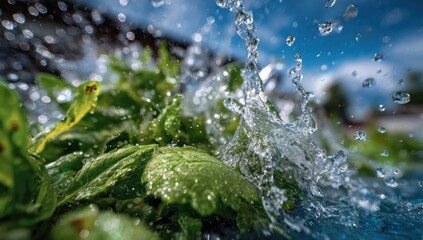 Vibrant green leaves drenched in splashing water, sunlit outdoors
