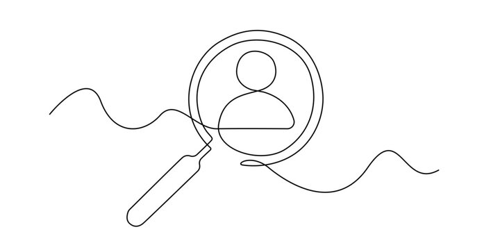 Continuous one line drawing of a magnifying glass focusing on a person icon. Minimalist outline style symbolizing user search, recruitment, human resources, or profile identification