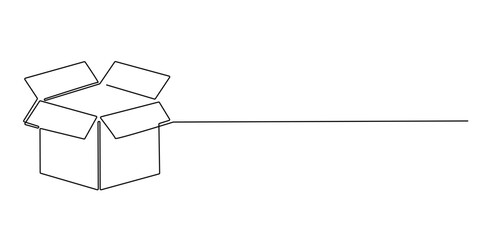 Continuous one line drawing of an open cardboard box. Minimalist outline style representing packaging, shipping, storage, unboxing, delivery, or product concept.